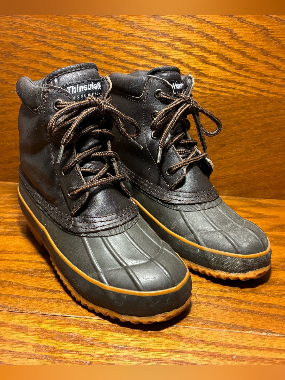 VTG Kids Thinsulate Insulation Steel Shank Duck Boots Brown Leather Green Rubber